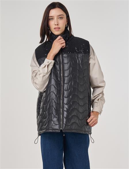 Sequin Detailed Puffer Vest Black