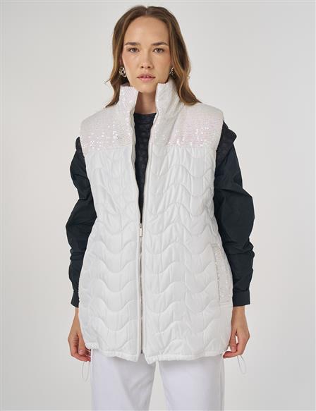 Payet Detaylı Şişme Yelek Kırık Beyaz 
