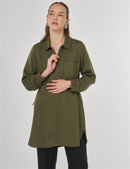 100% Lyocell Drawstring Waist Tunic Khaki