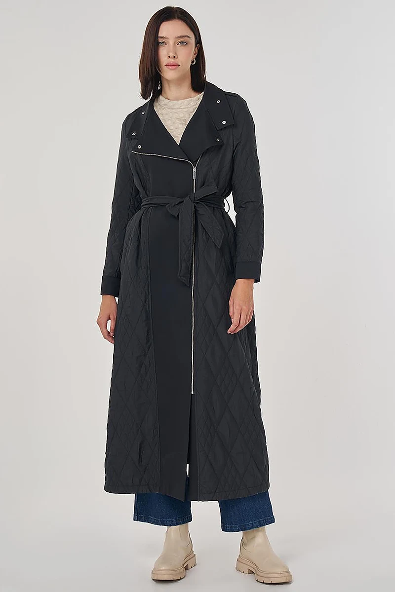 Belted Wide Collar Overcoat Black