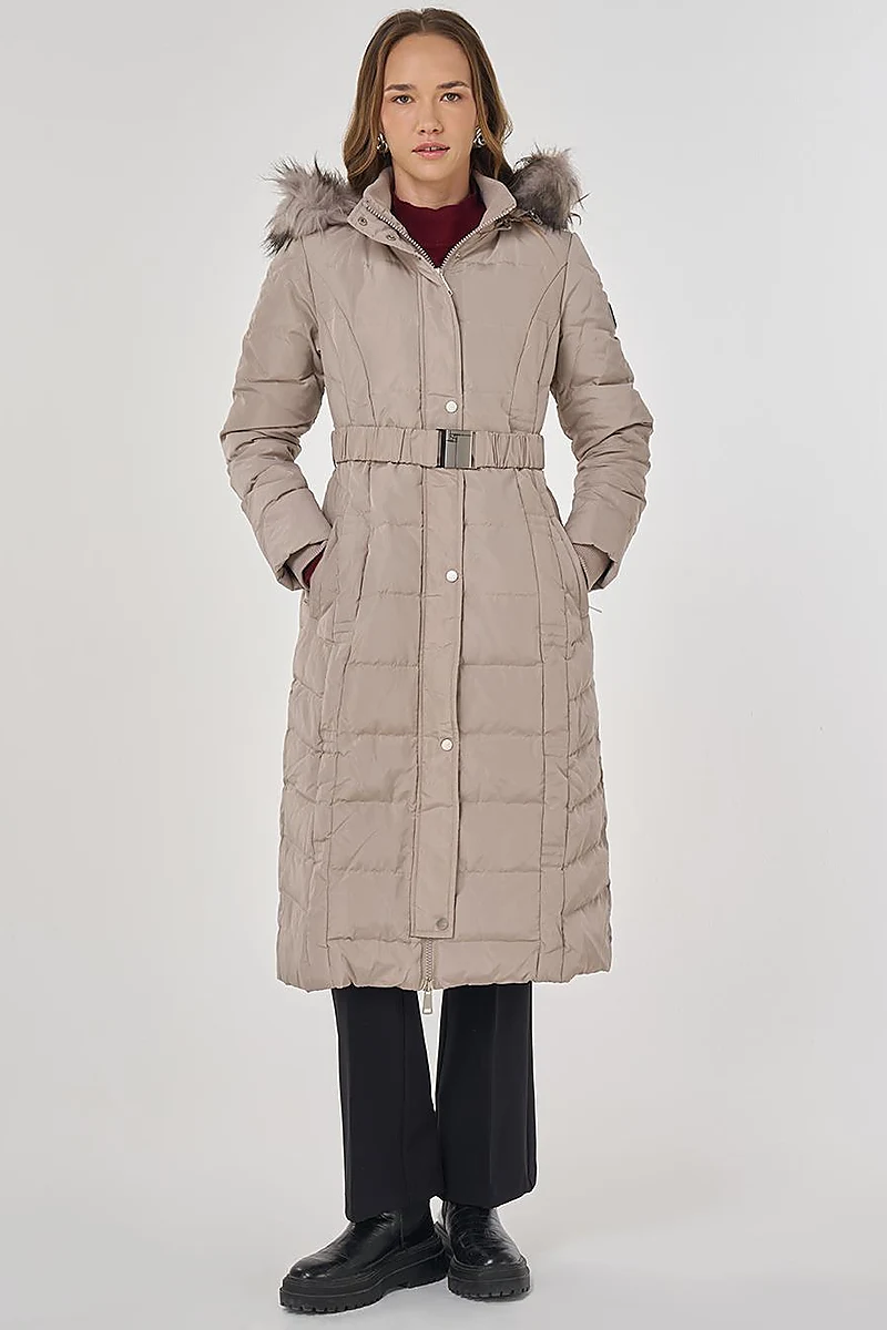 Faux Fur Trim Down Filled Coat Stone
