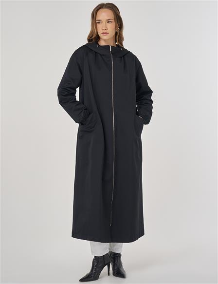 Zipper Closure Overcoat Black