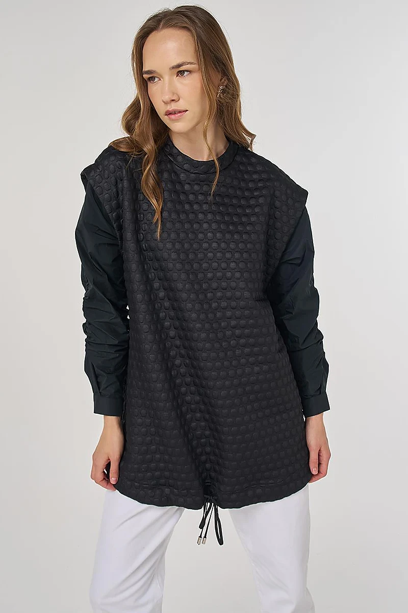 Dokulu Kumaş Garnili Sweatshirt Siyah 