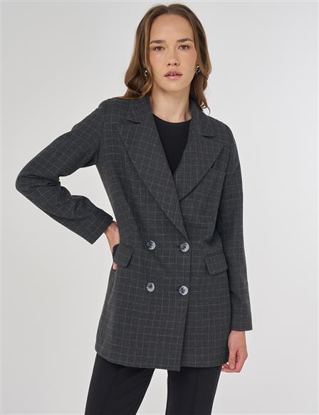 Ekose Desen Blazer Ceket Füme 