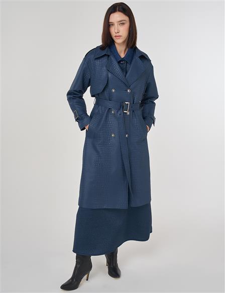 Buckle Detailed Embossed Trench Coat Navy