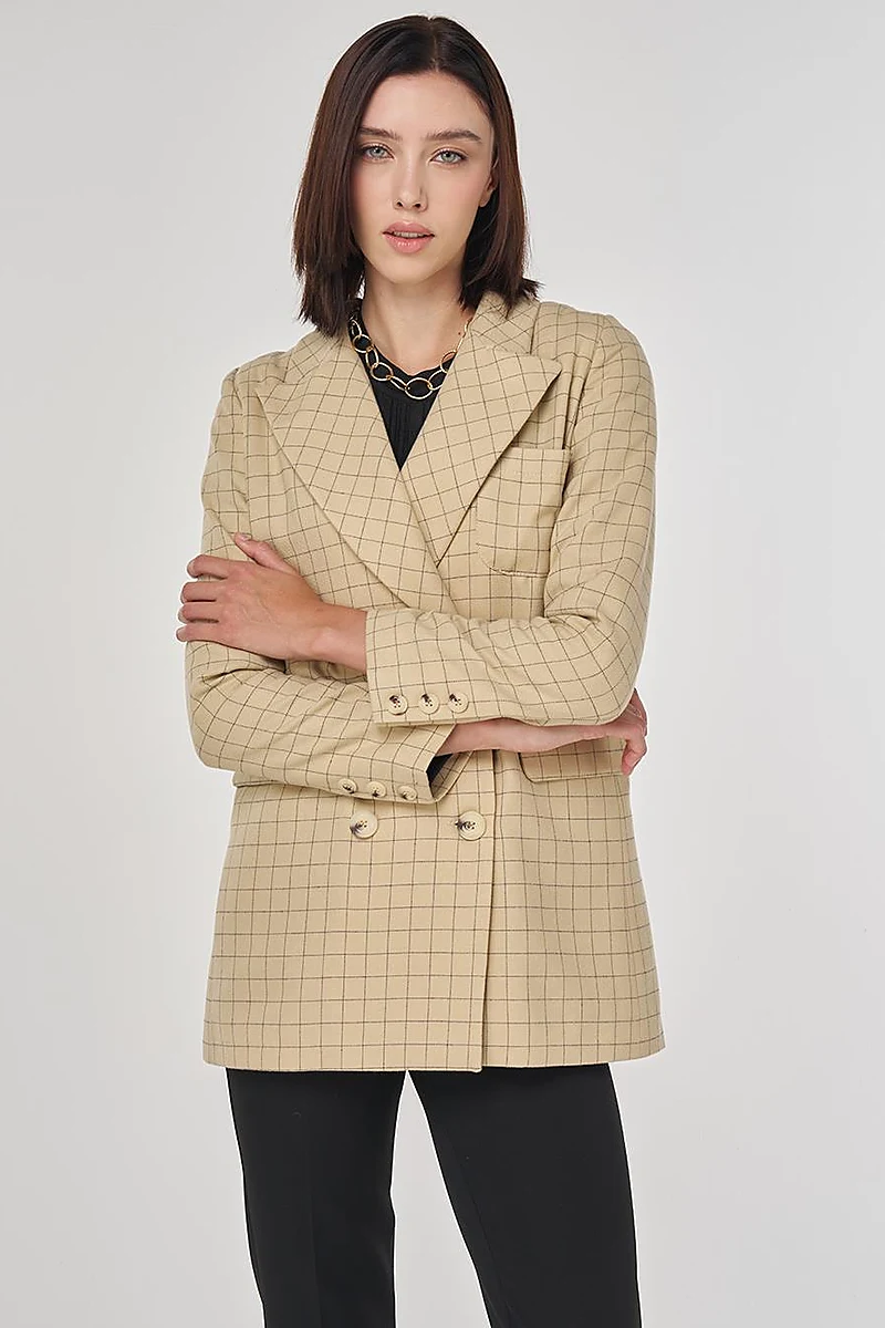 Ekose Desen Blazer Ceket Bej