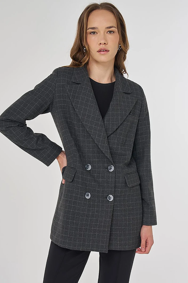 Ekose Desen Blazer Ceket Füme 