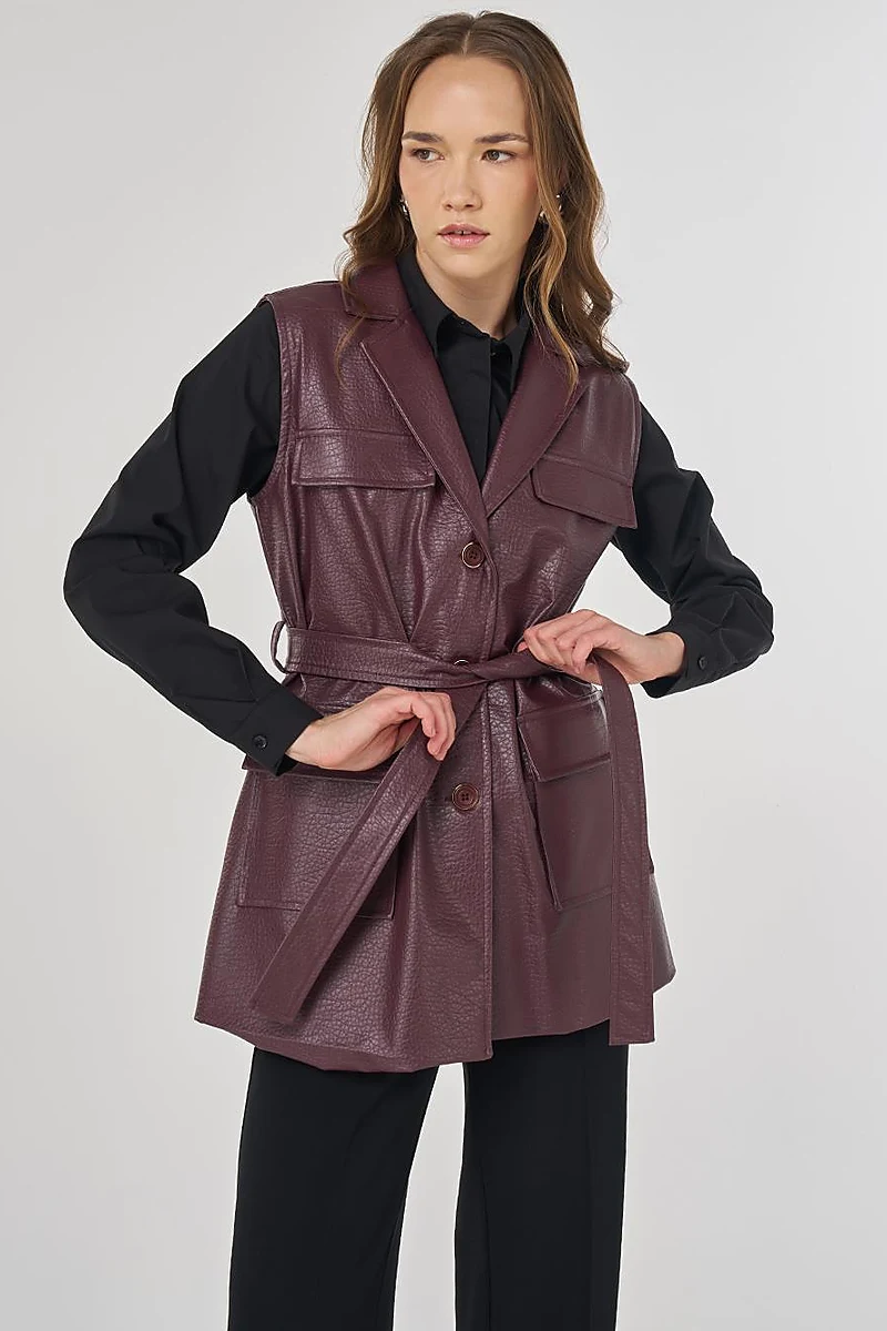 Flap Pocket Faux Leather Vest Dark Burgundy