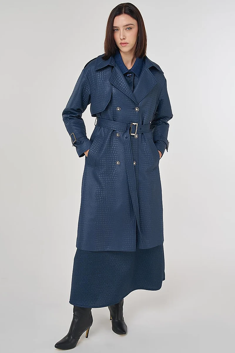Buckle Detailed Embossed Trench Coat Navy
