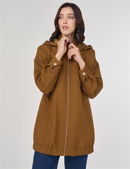 Shiny Button Quilted Overcoat Dark Olive