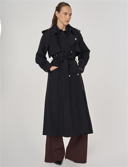 Belted Long Trench Coat Black