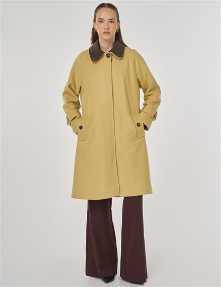Leather Collared Wool Blend Coat Yellow
