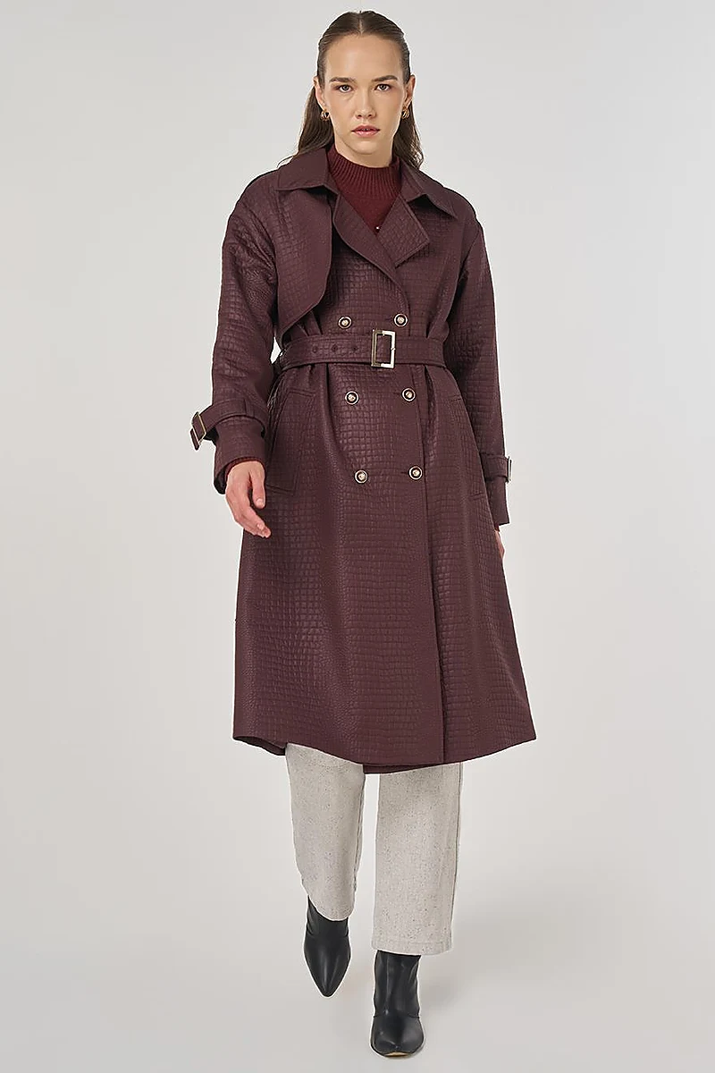 Buckle Detailed Embossed Trench Coat Dark Burgundy