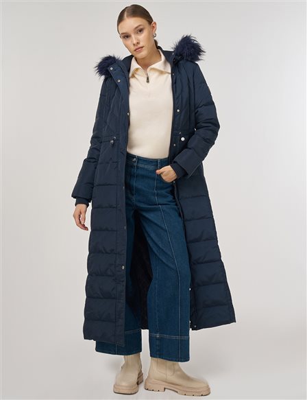 Çıt Çıtlı Kaz Tüyü Dolgulu Mont Lacivert
