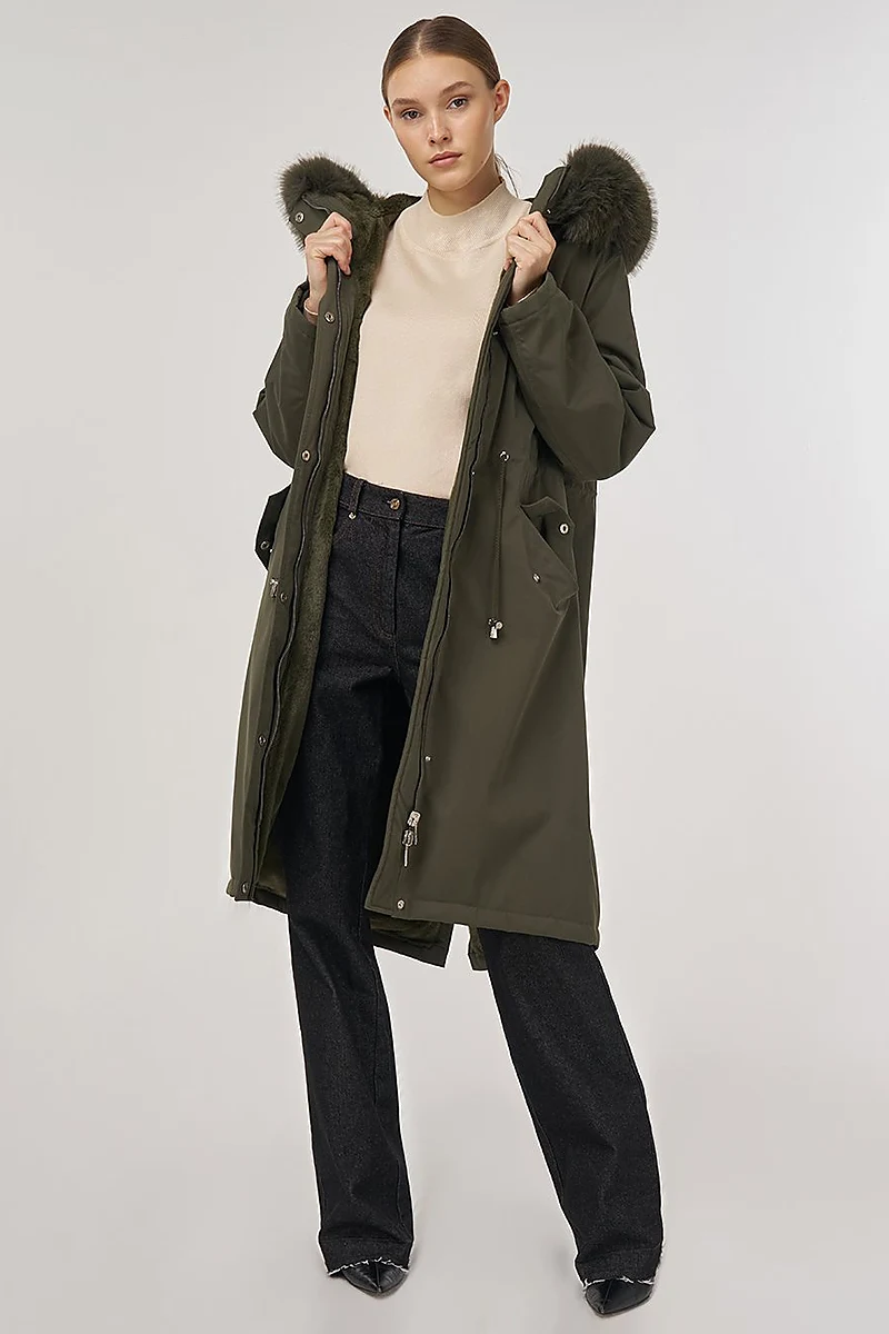 Faux Fur Anorak Jacket Khaki