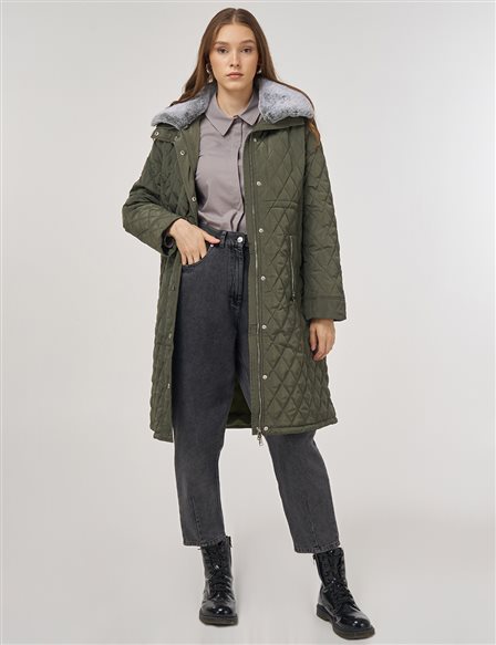 Kürk Detaylı Anorak Mont Haki 