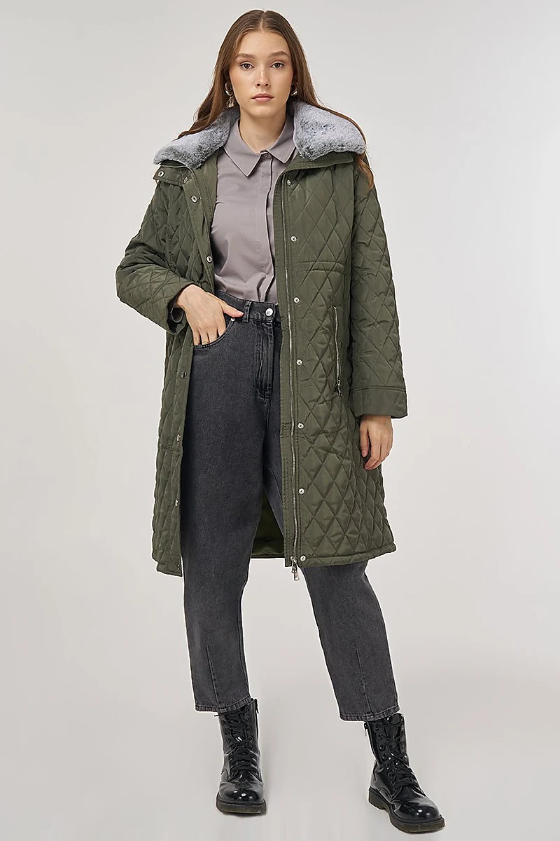 Fur-Detail Anorak Coat in Khaki
