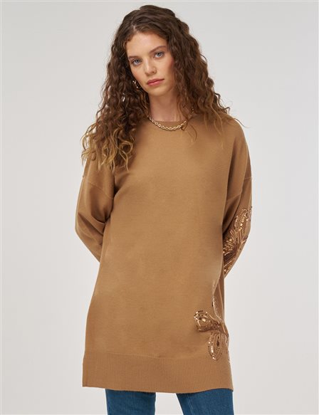 Sequin Detailed Knit Tunic Beige