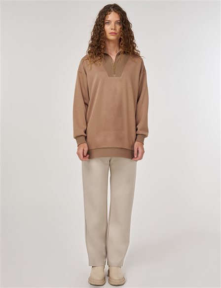 Düşük Omuz Viskon Sweatshirt Bej 