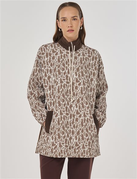 Dik Yaka Jakarlı Sweatshirt Vizon