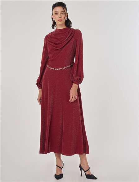 Degaje Yaka Şık Elbise Bordo
