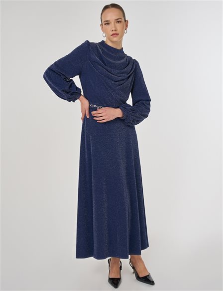 Degaje Yaka Şık Elbise Koyu Lacivert