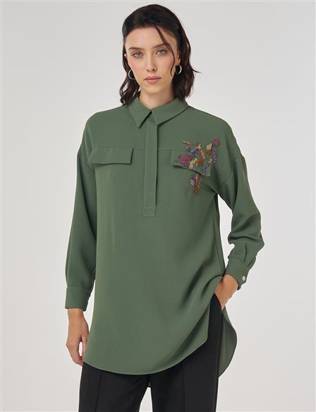 Kapak Cep Detaylı Bluz Orman Yeşili 