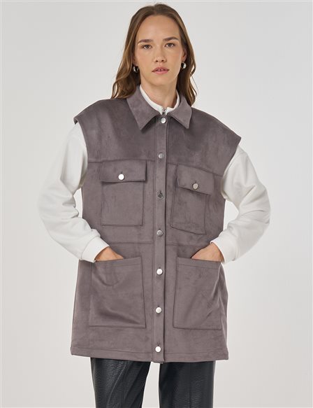 Pocket Detail Suede Vest Smoke Grey