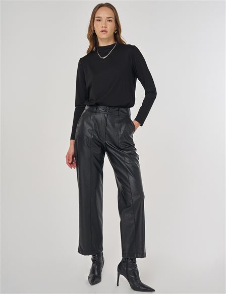 Çima Dikişli Suni Deri Pantolon Siyah 