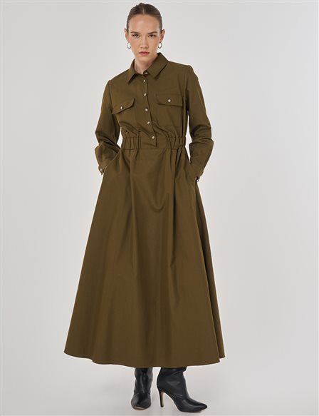 Parlak Düğmeli Maksi Elbise Haki 