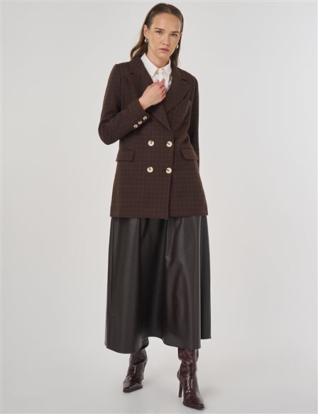 Ekose Desen Blazer Ceket Koyu Kahve 