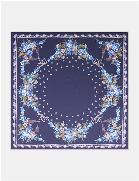 Minimal Çiçek Desenli Eşarp Lacivert