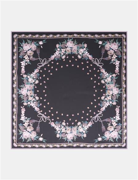 Minimal Çiçek Desenli Eşarp Siyah