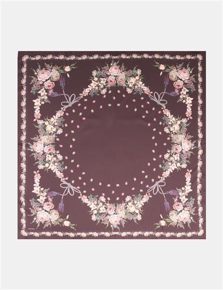 Minimal Çiçek Desenli Eşarp Koyu Kahve