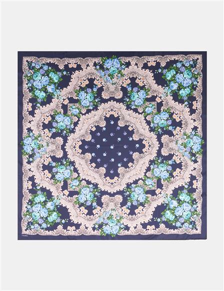 Retro Gül Desenli Eşarp Lacivert