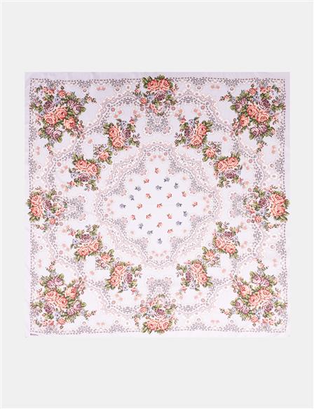 Retro Gül Desenli Eşarp Gri