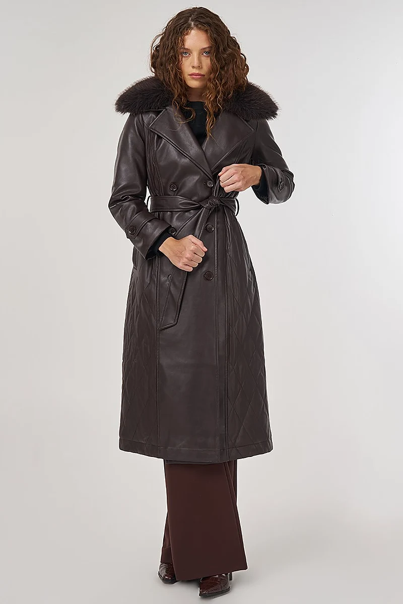 Faux Fur Leather Coat Brown