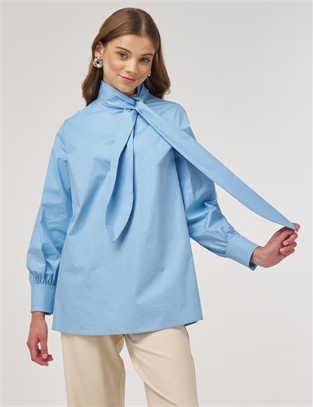 Yaka Detaylı Pamuklu Tunik Toz Duman