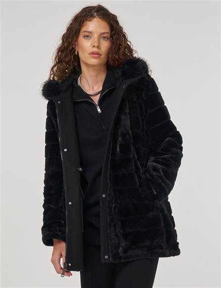 Reversible Coat with Fur Details Black