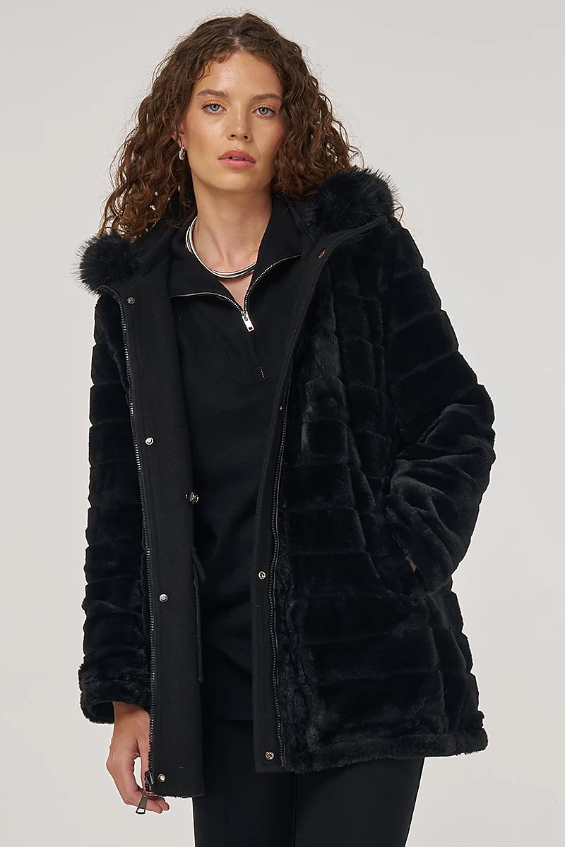 Reversible Coat with Fur Details Black