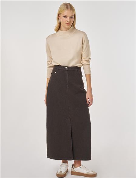 Yırtmaç Detaylı Denim Etek Koyu Kahve