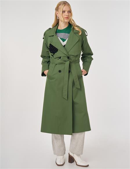 İşleme Detaylı Trençkot Orman Yeşili 