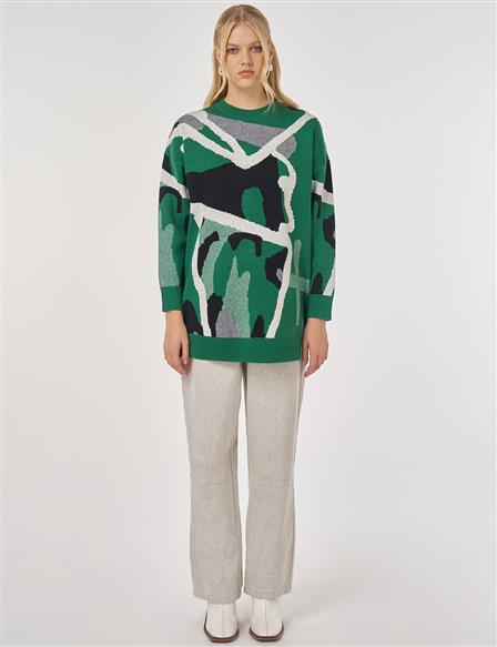 Soyut Desen Viskon Triko Tunik Orman Yeşili
