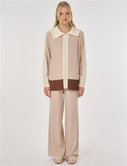 Wide Collar Knit Suit in Mink