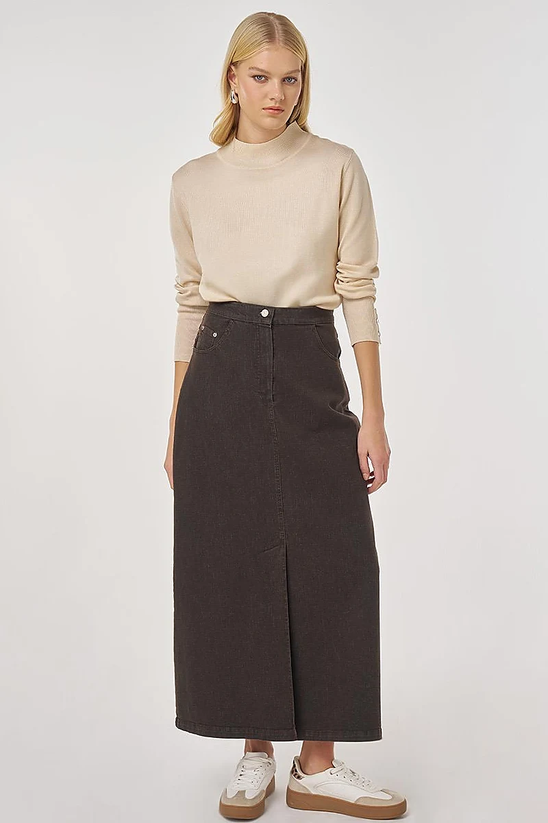 Slit Detailed Denim Skirt Dark Brown