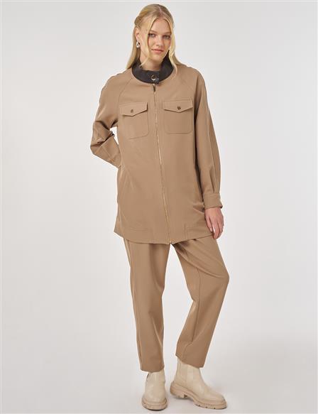 Relaxed-Fit Two-Piece Set with Faux Leather Collar in Dark Mink 