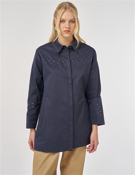 Trok Baskılı Pamuklu Tunik Koyu Lacivert