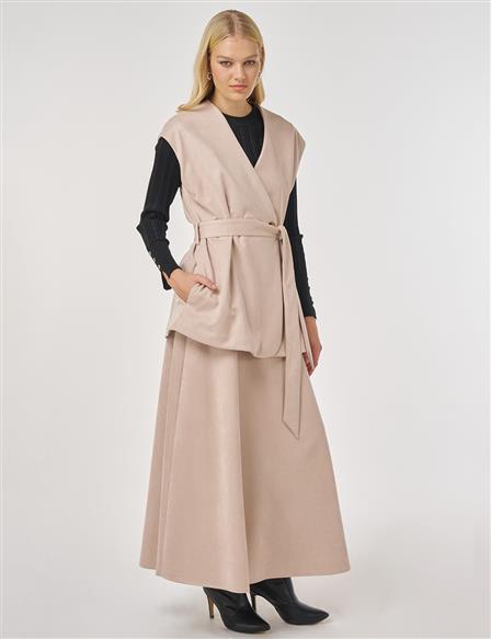 Kuşak Detaylı Süet Etekli Takım Vizon 