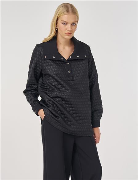 Geniş Yaka Dokulu İkili Takım Siyah 