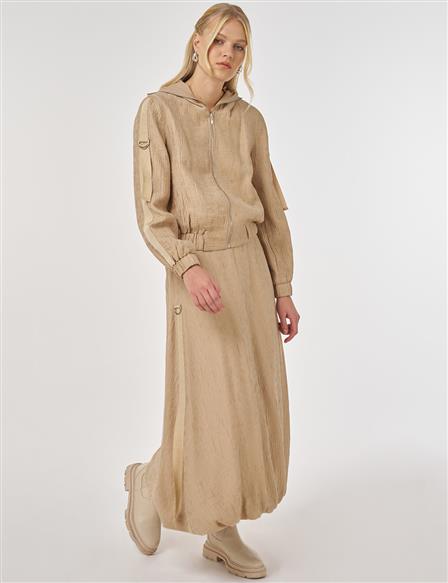 Punto Dikişli Lyocell Viskon Etekli Takım Bej